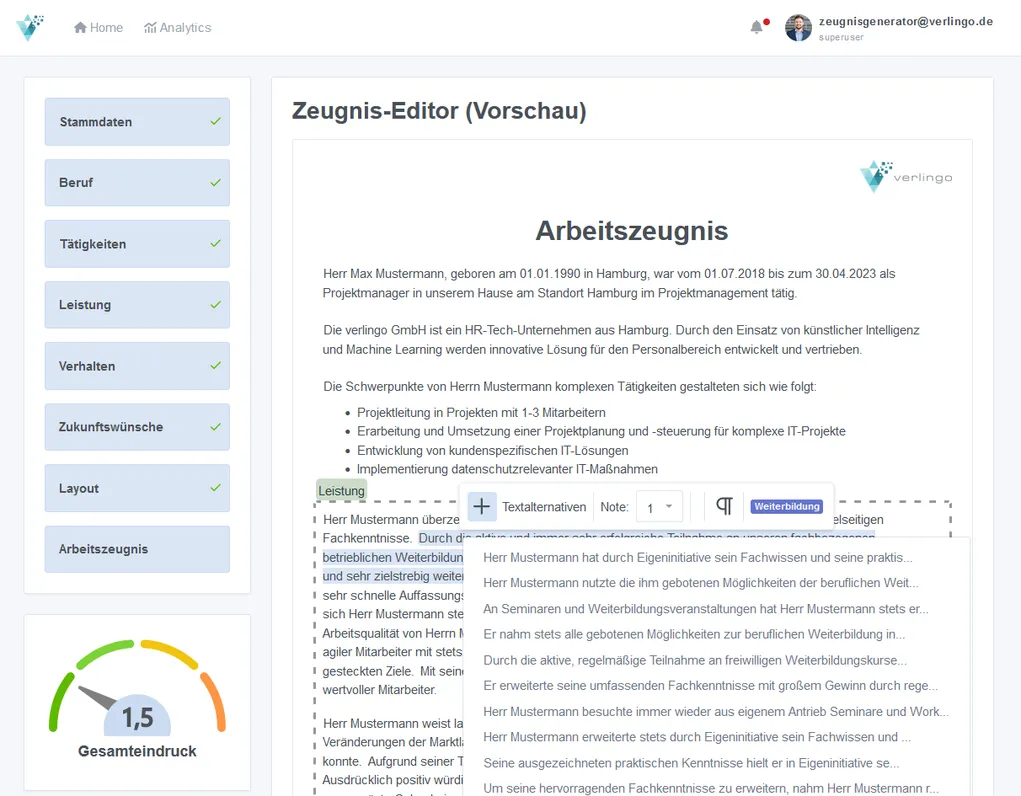 Zeugniseditor Bearbeitungsansicht