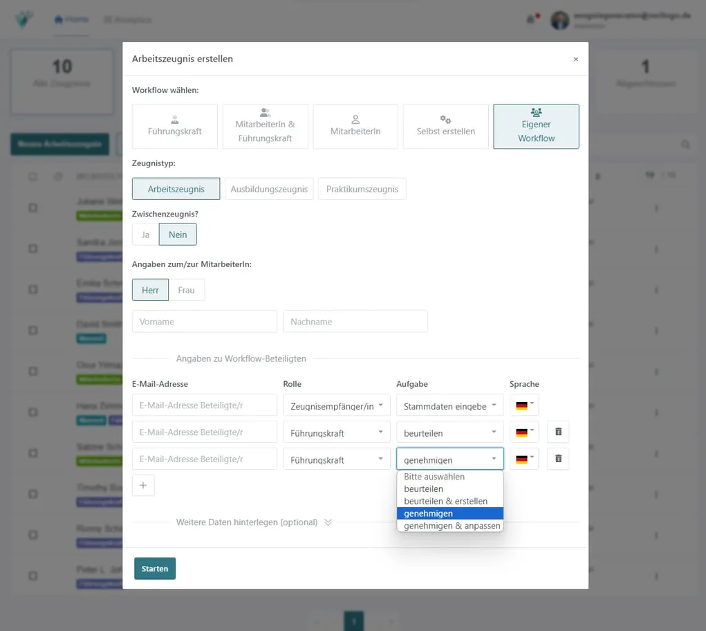 Workflows auswählen - Zeugnisgenerator