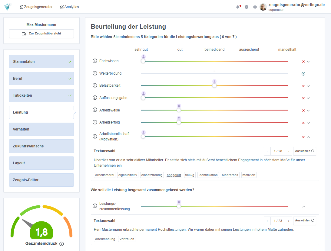 Leistungsbeurteilung im verlingo Editor