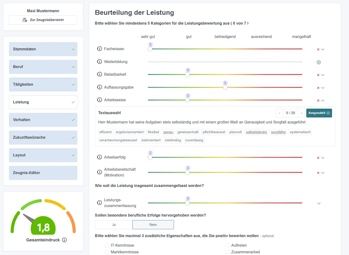 Beurteilungen - Abgabe der Noten per Schieberegler