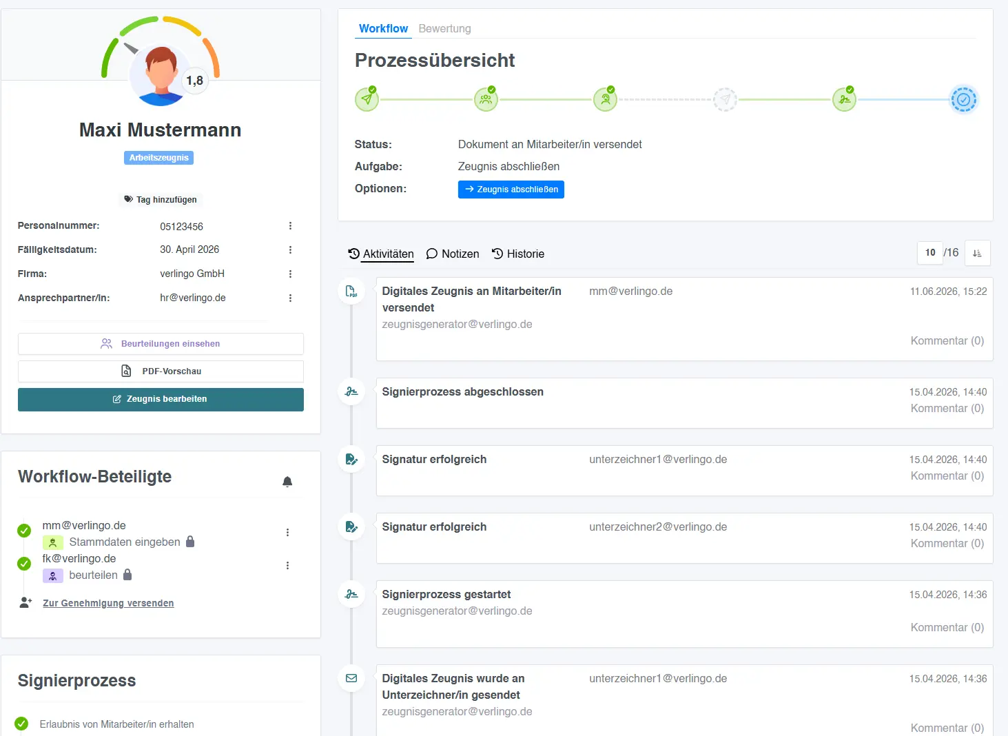 Zeugnisübersicht - Alle Informationen zum Zeugnisvorgang